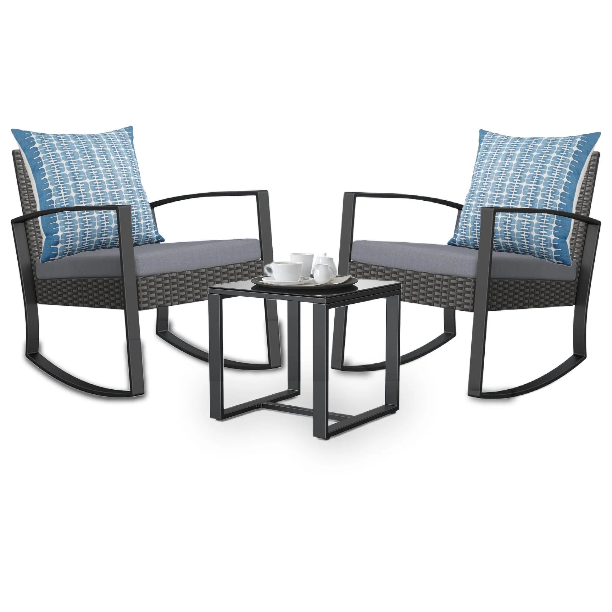 Contemporary 3-Piece Wicker Patio Chair Set with Coffee Table, Ideal for Balconies, Yards, and Gardens, Featuring Gray Cushions (Pillows Not Included)