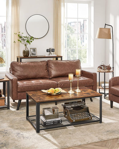 Industrial-Style Coffee Table with Two-Tier Design, Mesh Shelf, Steel Frame, and Adjustable Feet in Rustic Brown and Black Finish