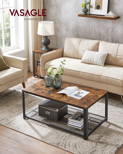 Industrial-Style Coffee Table with Two-Tier Design, Mesh Shelf, Steel Frame, and Adjustable Feet in Rustic Brown and Black Finish