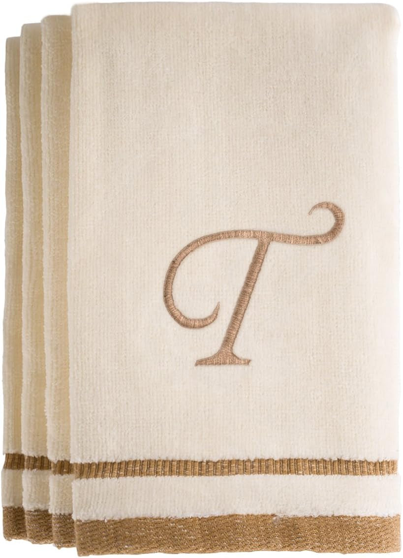 Custom Monogrammed Fingertip Towels Set of 4 - Luxurious Ivory with Golden Brown Embroidery - 100% Cotton, Extra Absorbent - Ideal for Bathroom or Kitchen - Initial H