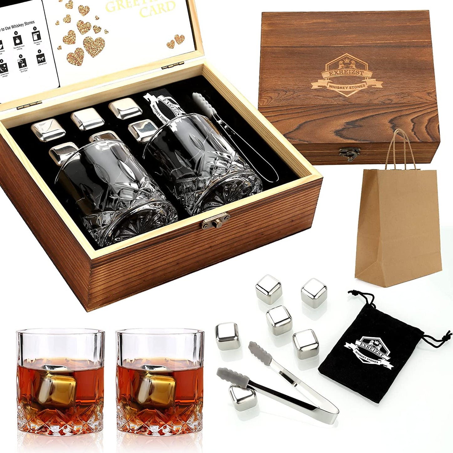 Whiskey Stones Gift Set - Premium Granite Chilling Rocks with Two Elegant Whiskey Glasses - Ideal Gift Box for Scotch and Bourbon Enthusiasts - Perfect for Christmas, Birthdays, and Special Occasions