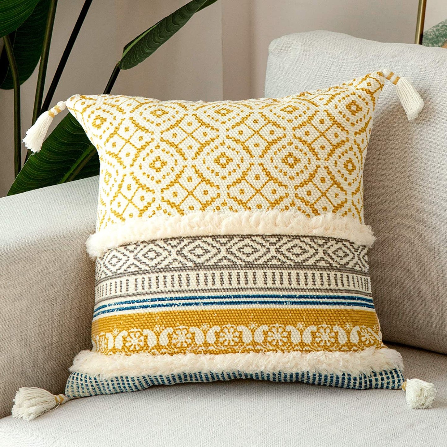 Bohemian Blue Lumbar Pillow Cover – Stylish Moroccan Design with Tassels, Perfect for Sofa, Bedroom, Living Room, and Car - 12 x 20 Inches