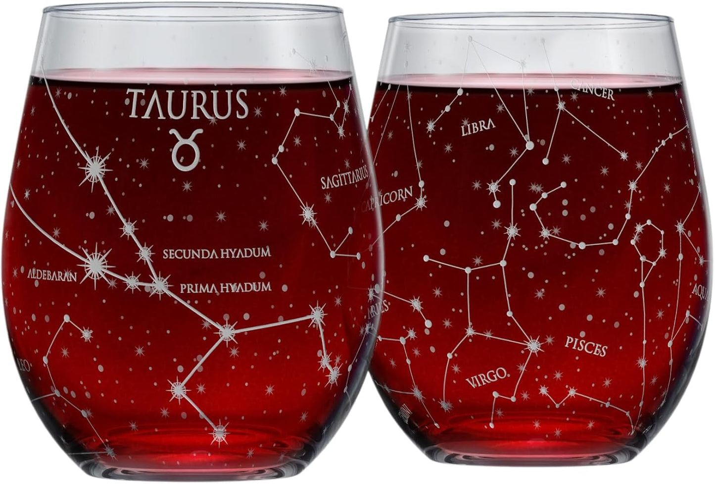 Libra Zodiac Hand-Etched Stemless Wine Glasses - Set of 2, 15 Oz