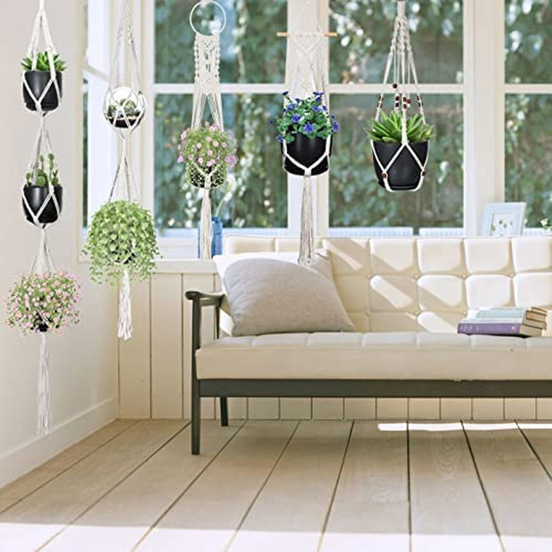 Set of 5 Beige Macrame Plant Hangers with Hooks for Versatile Indoor and Outdoor Use - 5-Tier Design