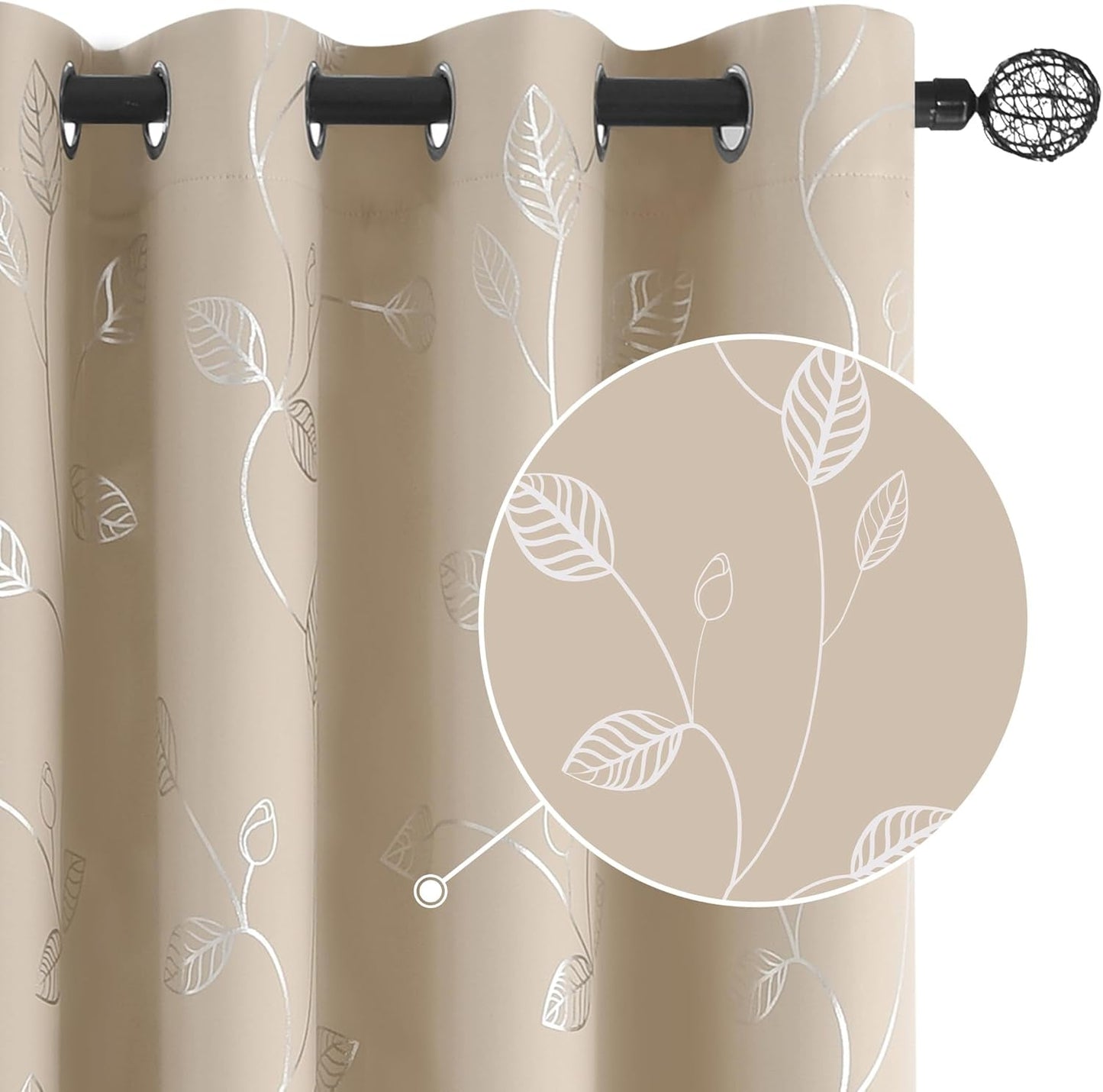 Elegant Light Grey Blackout Curtains with Silver Tree Branch Design, 63-Inch Length, Set of 2 Panels, Windproof, 38W x 63L