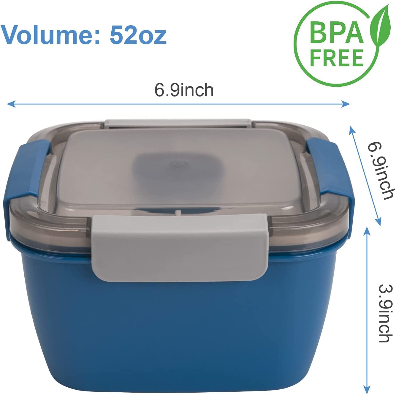 52-Oz Salad Lunch Container with Three Compartments and Dressing Container for On-the-Go Meals, Ideal for Men and Women (Blue)