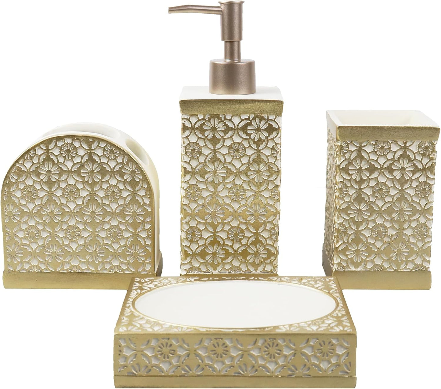 Elegant 4-Piece Farmhouse Bathroom Accessories Set - Includes Toothbrush Holder, Soap Dispenser, Soap Dish, and Tumbler - Perfect for Apartment Decor and Thoughtful Gifting