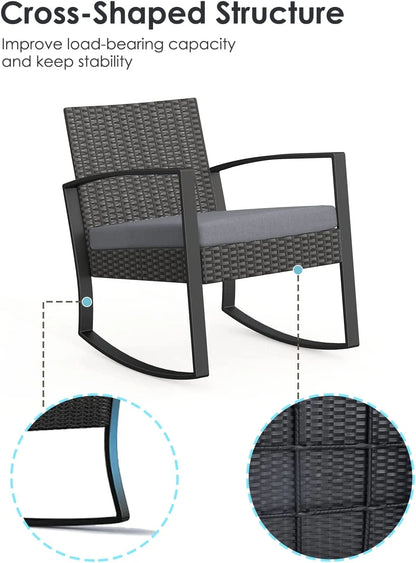 Contemporary 3-Piece Wicker Patio Chair Set with Coffee Table, Ideal for Balconies, Yards, and Gardens, Featuring Gray Cushions (Pillows Not Included)