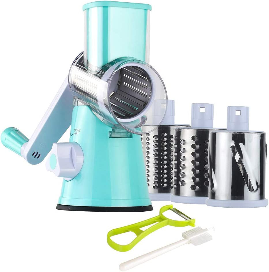 Hand Crank Rotary Cheese Grater and Kitchen Shredder with Three Drum Blades for Cheese, Vegetables, Nuts, and More - Green