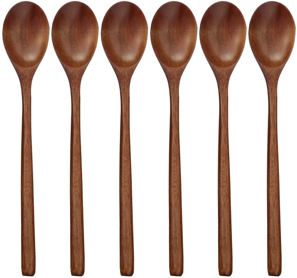 6-Piece Eco-Friendly Wooden Soup Spoon Set with 9-Inch Handles for Japanese Cuisine, Mixing, and Stirring