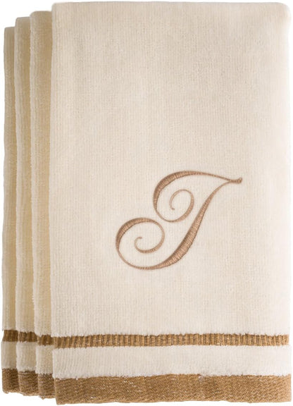 Custom Monogrammed Fingertip Towels Set of 4 - Luxurious Ivory with Golden Brown Embroidery - 100% Cotton, Extra Absorbent - Ideal for Bathroom or Kitchen - Initial H