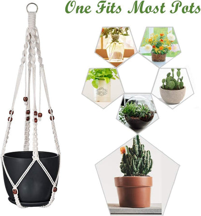 Set of 5 Beige Macrame Plant Hangers with Hooks for Versatile Indoor and Outdoor Use - 5-Tier Design