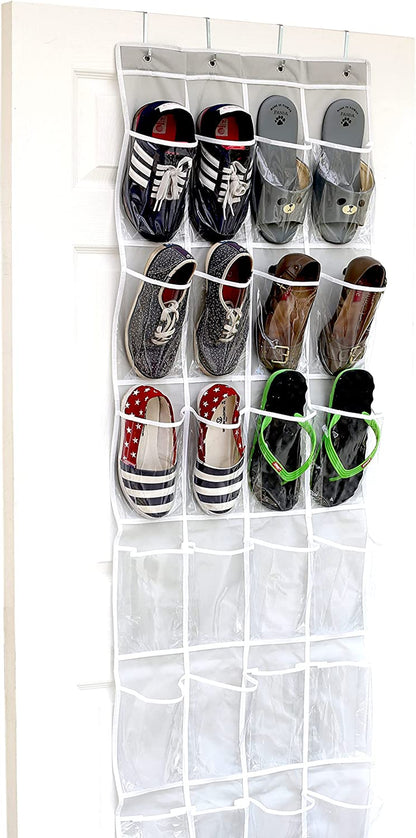 24-Pocket Over-the-Door Shoe Organizer in Crystal Clear with Turquoise Accents (64" x 19")