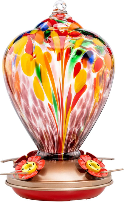 Blown Glass Hummingbird Feeder - 34 OZ Outdoor Art and Garden Décor Gift for Women