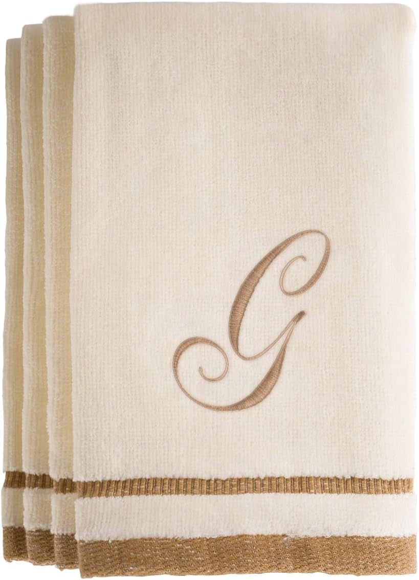 Custom Monogrammed Fingertip Towels Set of 4 - Luxurious Ivory with Golden Brown Embroidery - 100% Cotton, Extra Absorbent - Ideal for Bathroom or Kitchen - Initial H