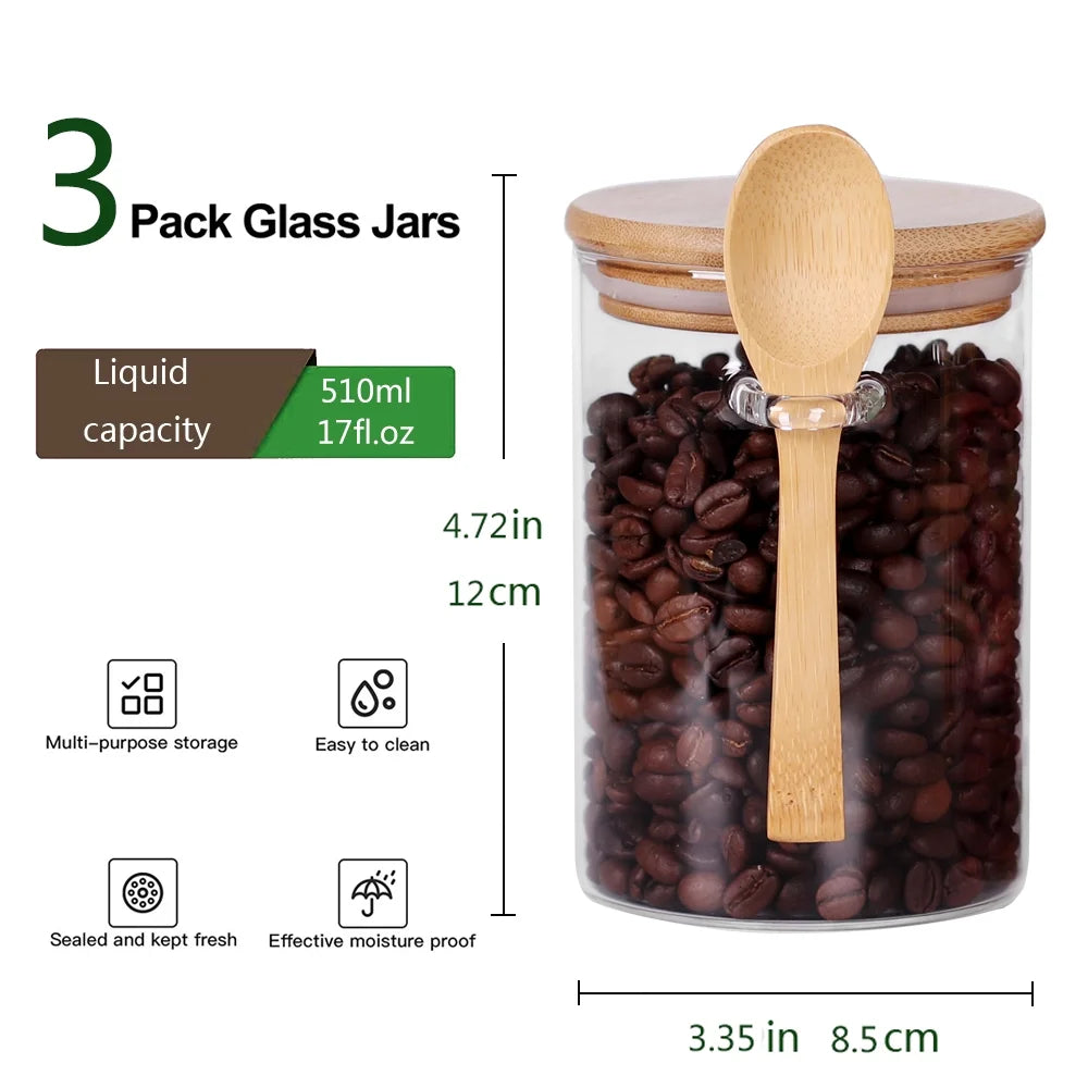 Airtight Clear Glass Storage Containers for Coffee and Food - Set of Three