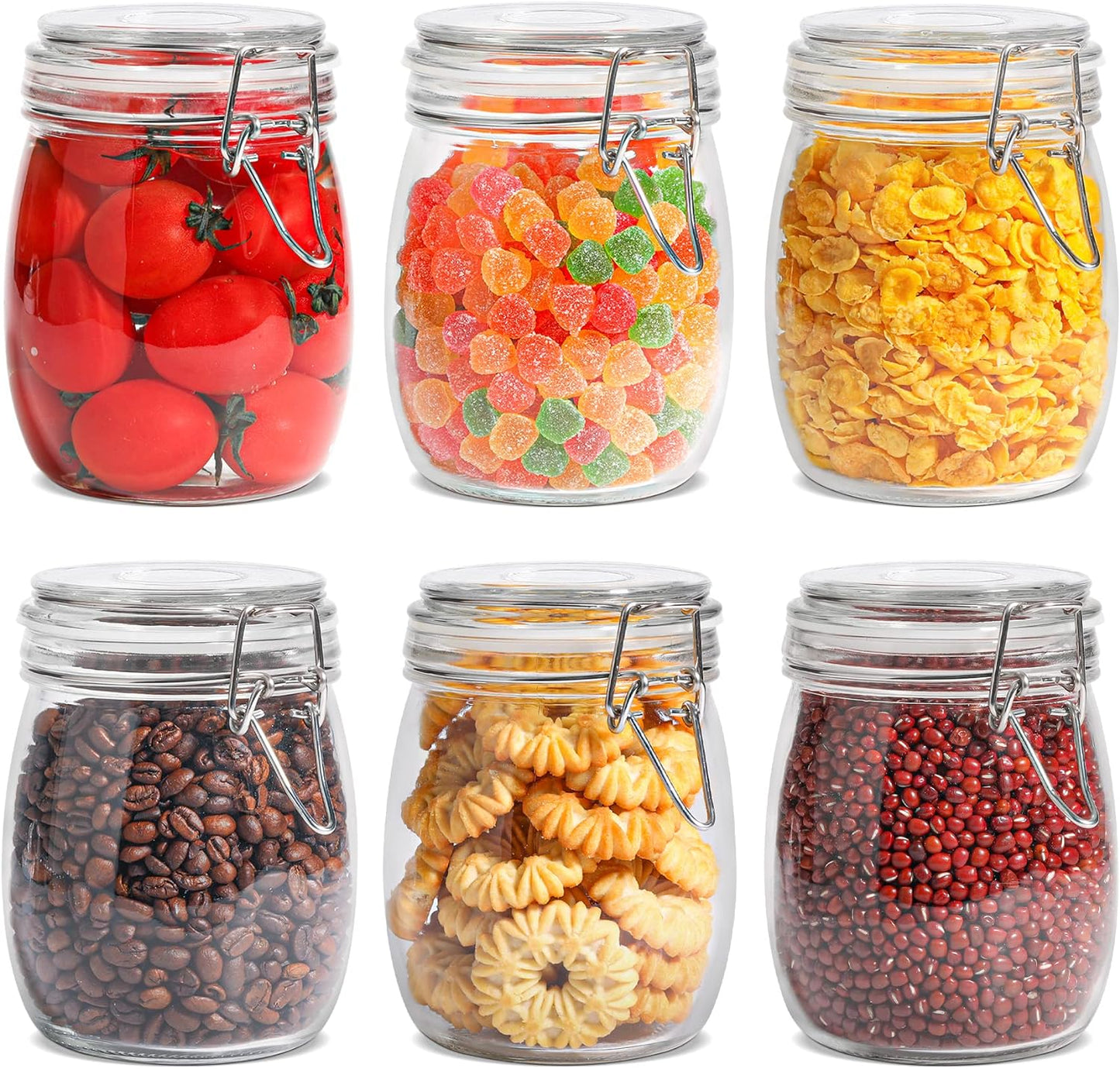 Set of 6 Airtight 17oz Glass Storage Canisters with Lids - Round Food Storage Jars with Clear Preserving Seal and Wire Clip Fastening for Kitchen Storage of Cereal, Pasta, Sugar, Beans, and Spices