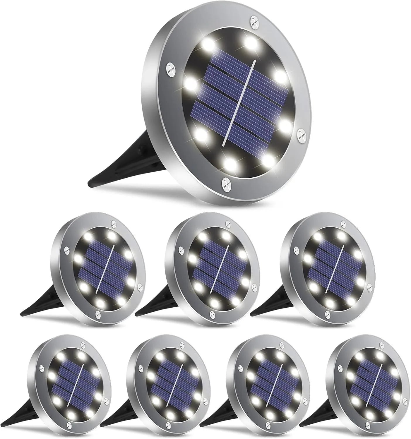 Outdoor Solar Disk Lights - 8 LED Waterproof Garden Lights for Pathways, Patios, and Lawns - White (8 Pack)