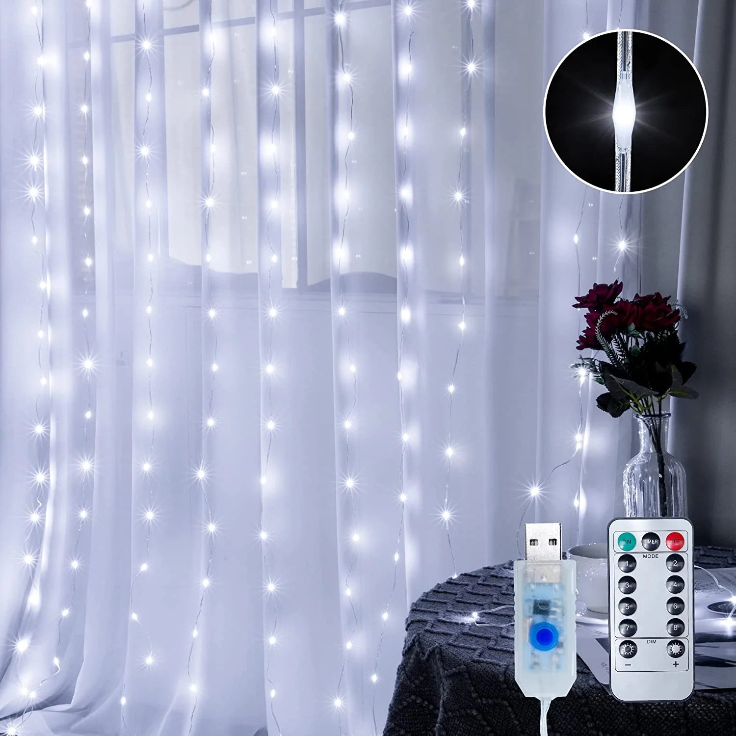 7.9Ft x 5.9Ft Fairy Lights Curtain with 144 LED - USB Powered Waterproof String Lights with Remote Control, 8 Modes for Indoor/Outdoor Window and Wall Decor (White)