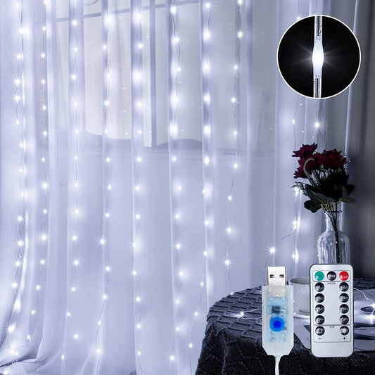 7.9Ft x 5.9Ft Fairy Lights Curtain with 144 LED - USB Powered Waterproof String Lights with Remote Control, 8 Modes for Indoor/Outdoor Window and Wall Decor (White)