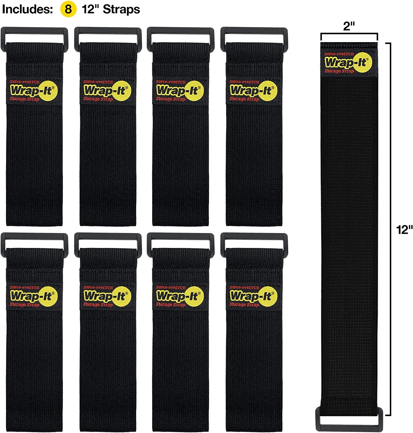 Premium Elastic Storage Straps - 12" Length (Set of 8) - Versatile Hook and Loop Cinch Design