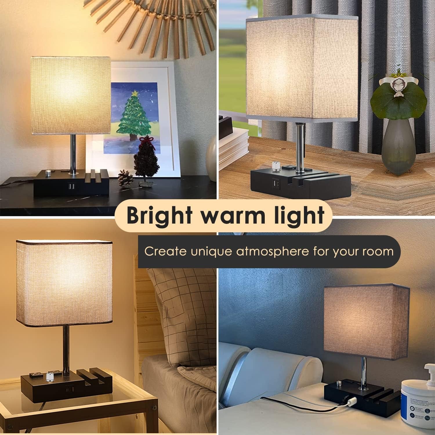 Modern Dimmable Table Lamp with Dual USB Ports, AC Outlets, and Phone Slots - Compact Bedside Lamp for Bedroom and Living Room with LED Bulb Included