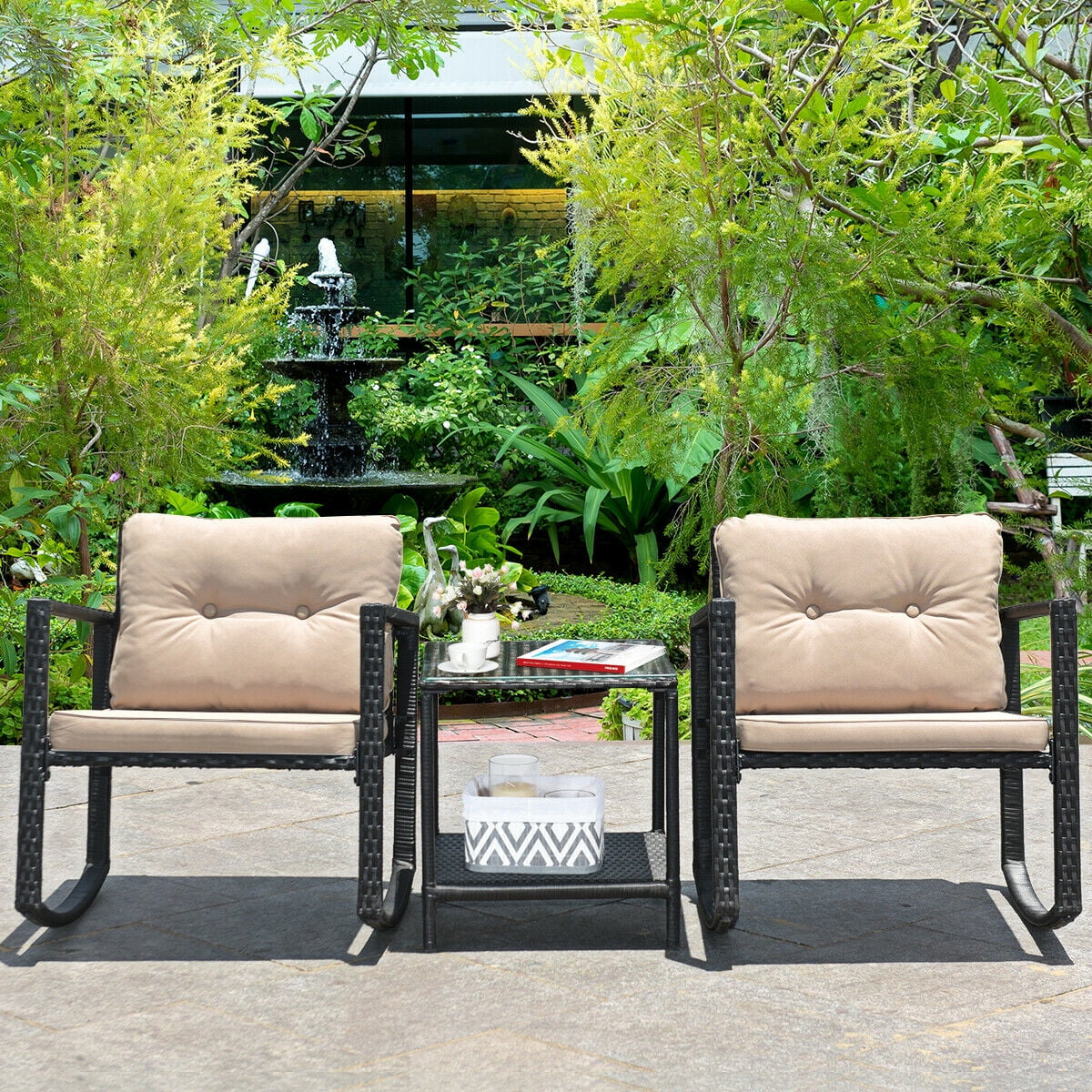 Elegant 3-Piece Rattan Rocking Chair & Table Set with Cushions – Perfect for Your Patio!