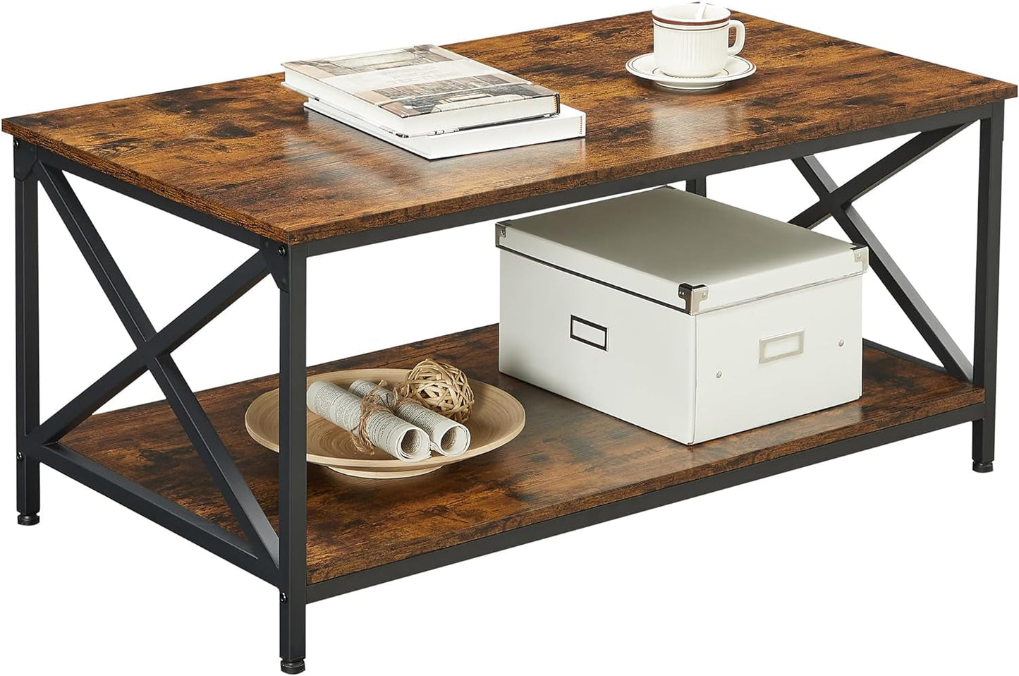 Industrial-Style Coffee Table with Two-Tier Design, Mesh Shelf, Steel Frame, and Adjustable Feet in Rustic Brown and Black Finish