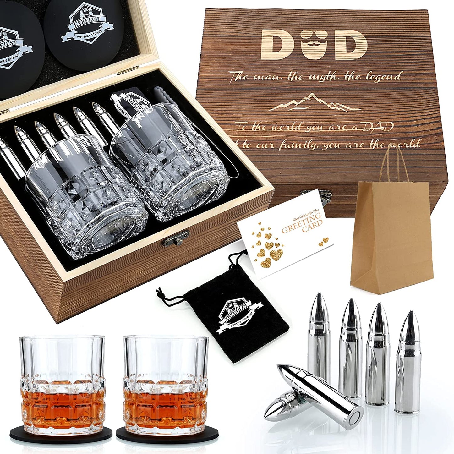 Whiskey Stones Gift Set - Premium Granite Chilling Rocks with Two Elegant Whiskey Glasses - Ideal Gift Box for Scotch and Bourbon Enthusiasts - Perfect for Christmas, Birthdays, and Special Occasions