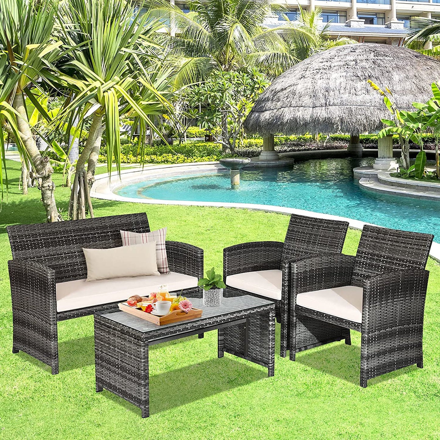 Elegant 4-Piece Navy Rattan Patio Furniture Set with Glass Table - Exceptional Comfort for Outdoor Living