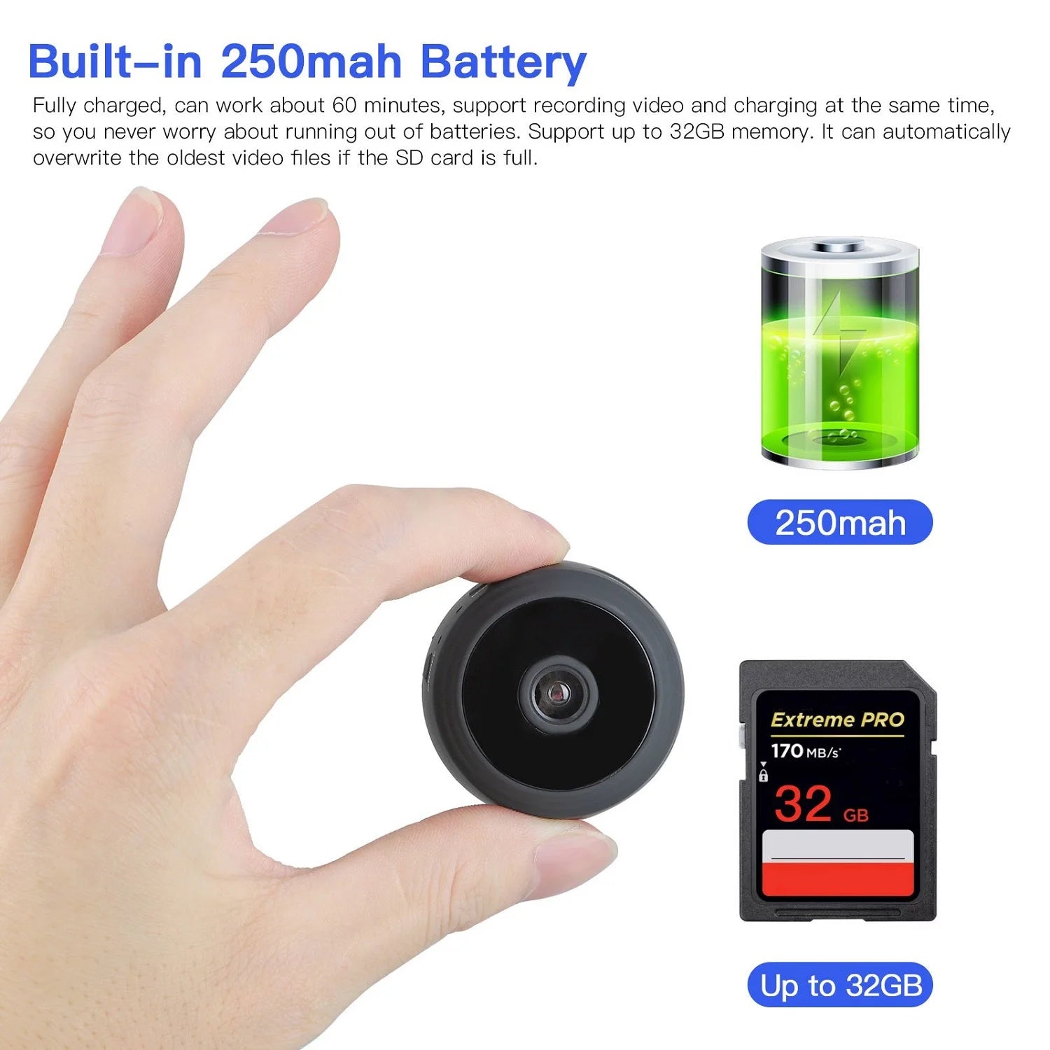 Mini Wireless Security Camera - Full HD 720P Portable Nanny Cam with Night Vision, Video Recording, and Motion Detection for Home, Car, Drone, Office, and Outdoor Use