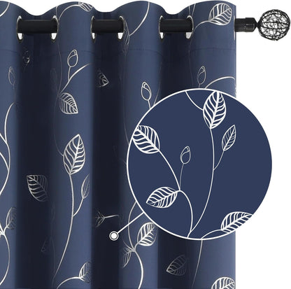 Elegant Light Grey Blackout Curtains with Silver Tree Branch Design, 63-Inch Length, Set of 2 Panels, Windproof, 38W x 63L