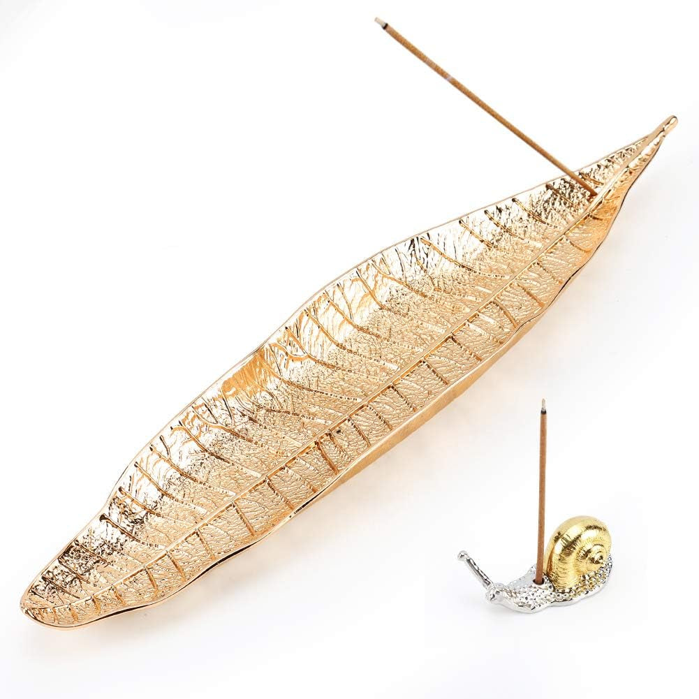 Incense Holder Set - Leaf and Snail Design, Red Copper Incense Burner and Ash Catcher for Meditation, Yoga, Home, and Office Use