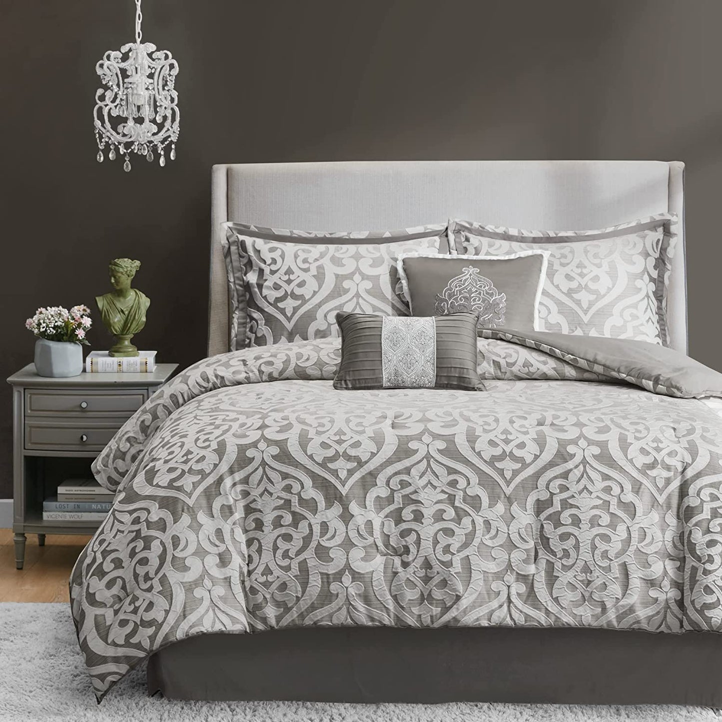 Tesla Jacquard Damask Silver Queen Comforter Set - Luxurious All-Season Down Alternative Bedding with Shams, Bedskirt, and Decorative Pillows