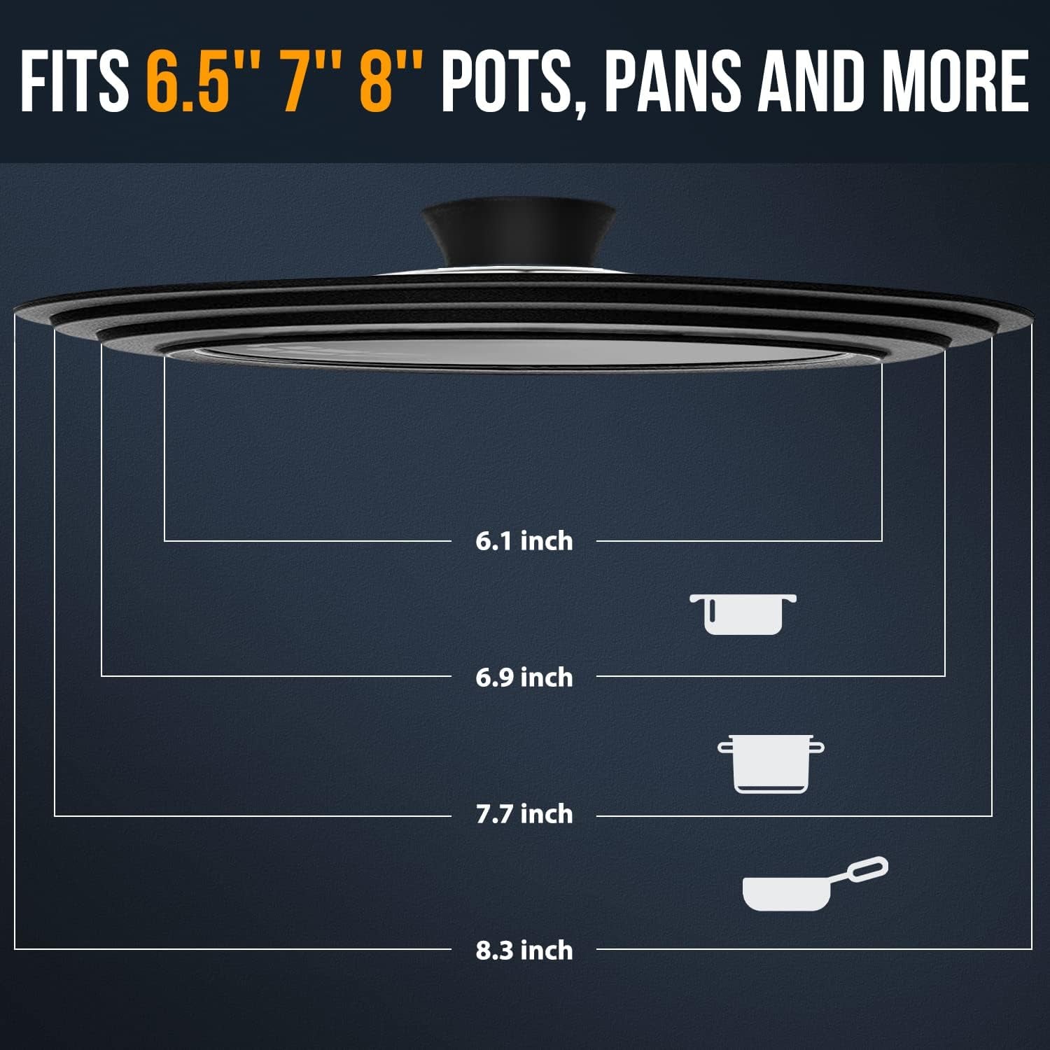 Universal Tempered Glass Lid for Cookware - Fits 6.5", 7", and 8" Diameter Pots, Pans, and Skillets with Heat Resistant Silicone Rim