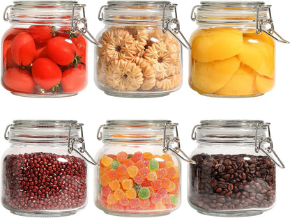 Set of 6 Airtight 17oz Glass Storage Canisters with Lids - Round Food Storage Jars with Clear Preserving Seal and Wire Clip Fastening for Kitchen Storage of Cereal, Pasta, Sugar, Beans, and Spices