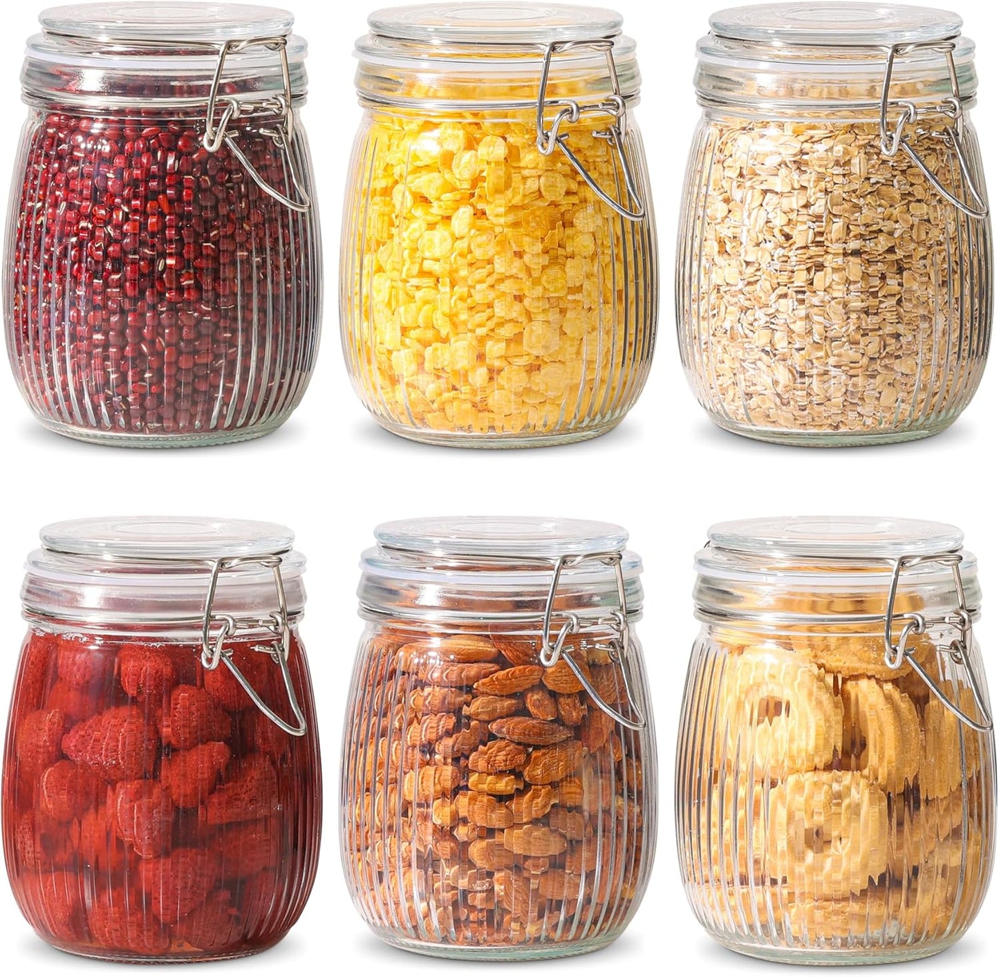 Set of 6 Airtight 17oz Glass Storage Canisters with Lids - Round Food Storage Jars with Clear Preserving Seal and Wire Clip Fastening for Kitchen Storage of Cereal, Pasta, Sugar, Beans, and Spices