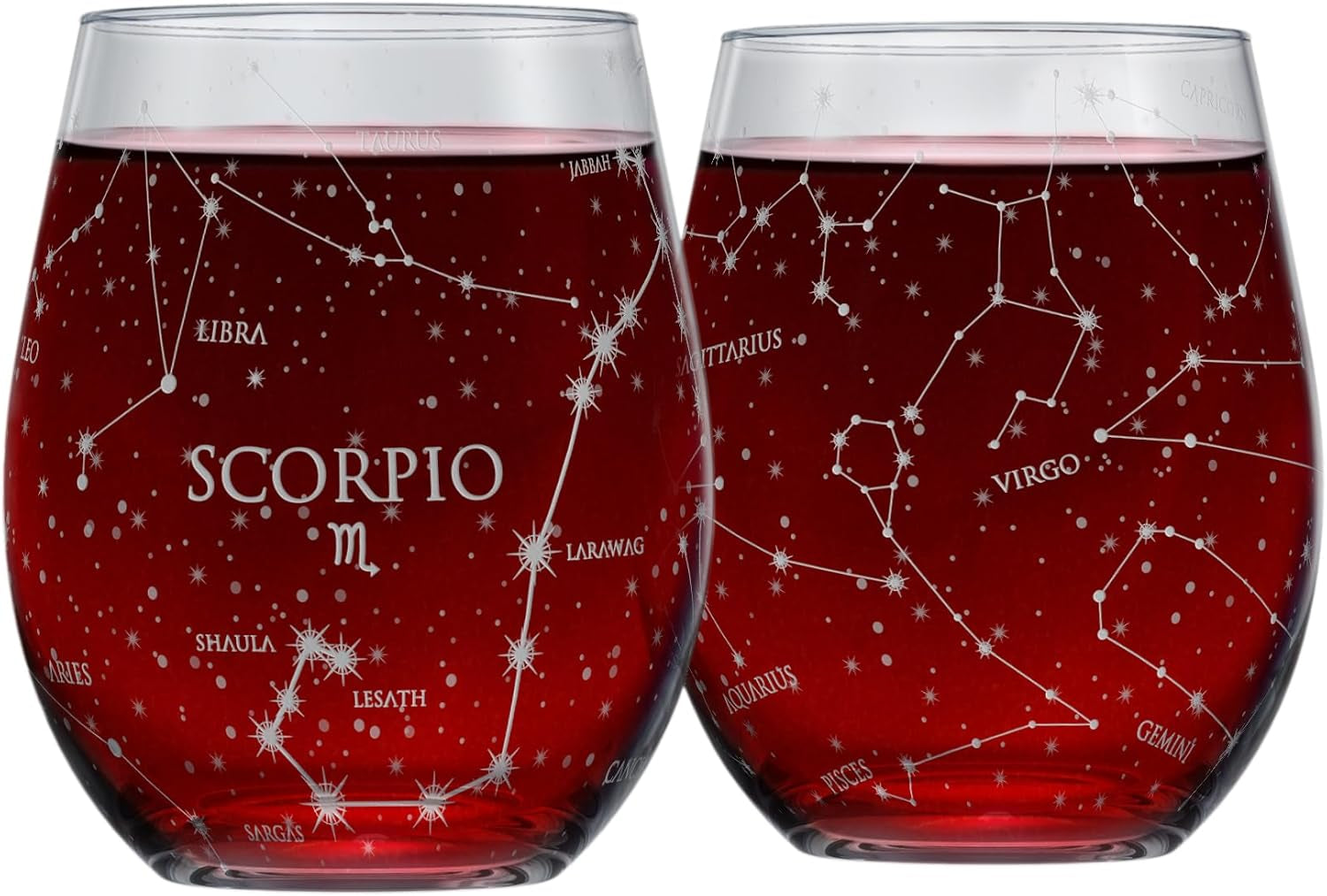 Libra Zodiac Hand-Etched Stemless Wine Glasses - Set of 2, 15 Oz