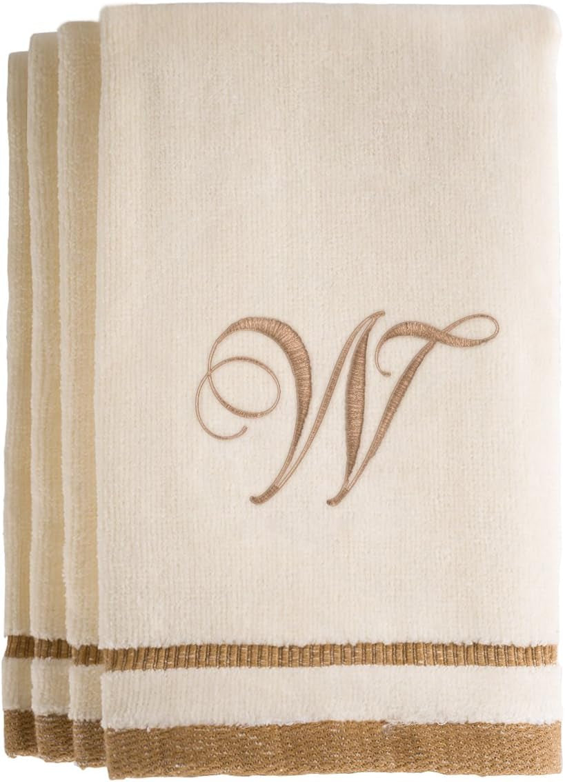 Custom Monogrammed Fingertip Towels Set of 4 - Luxurious Ivory with Golden Brown Embroidery - 100% Cotton, Extra Absorbent - Ideal for Bathroom or Kitchen - Initial H