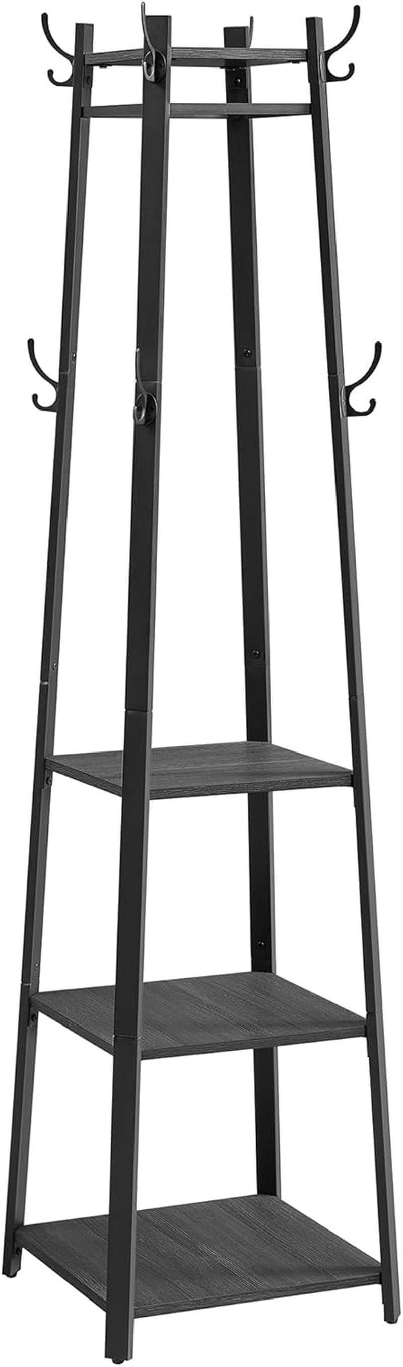 Industrial-Style Coat Rack with 3 Shelves and Hooks for Entryway, Living Room, Rustic Brown and Black Finish, Steel Frame