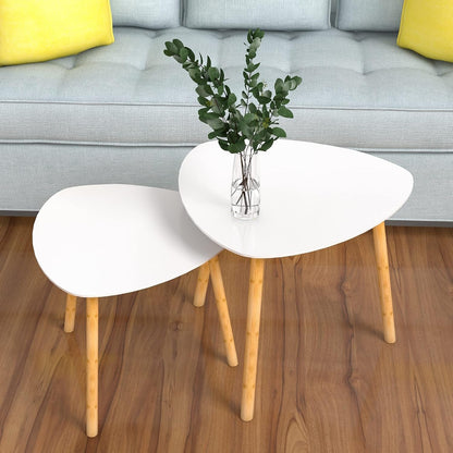 Contemporary Bamboo Nesting Coffee Tables - Set of 2 Triangular End Tables for Compact Living Spaces in White and Pink