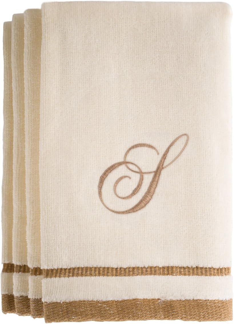 Custom Monogrammed Fingertip Towels Set of 4 - Luxurious Ivory with Golden Brown Embroidery - 100% Cotton, Extra Absorbent - Ideal for Bathroom or Kitchen - Initial H