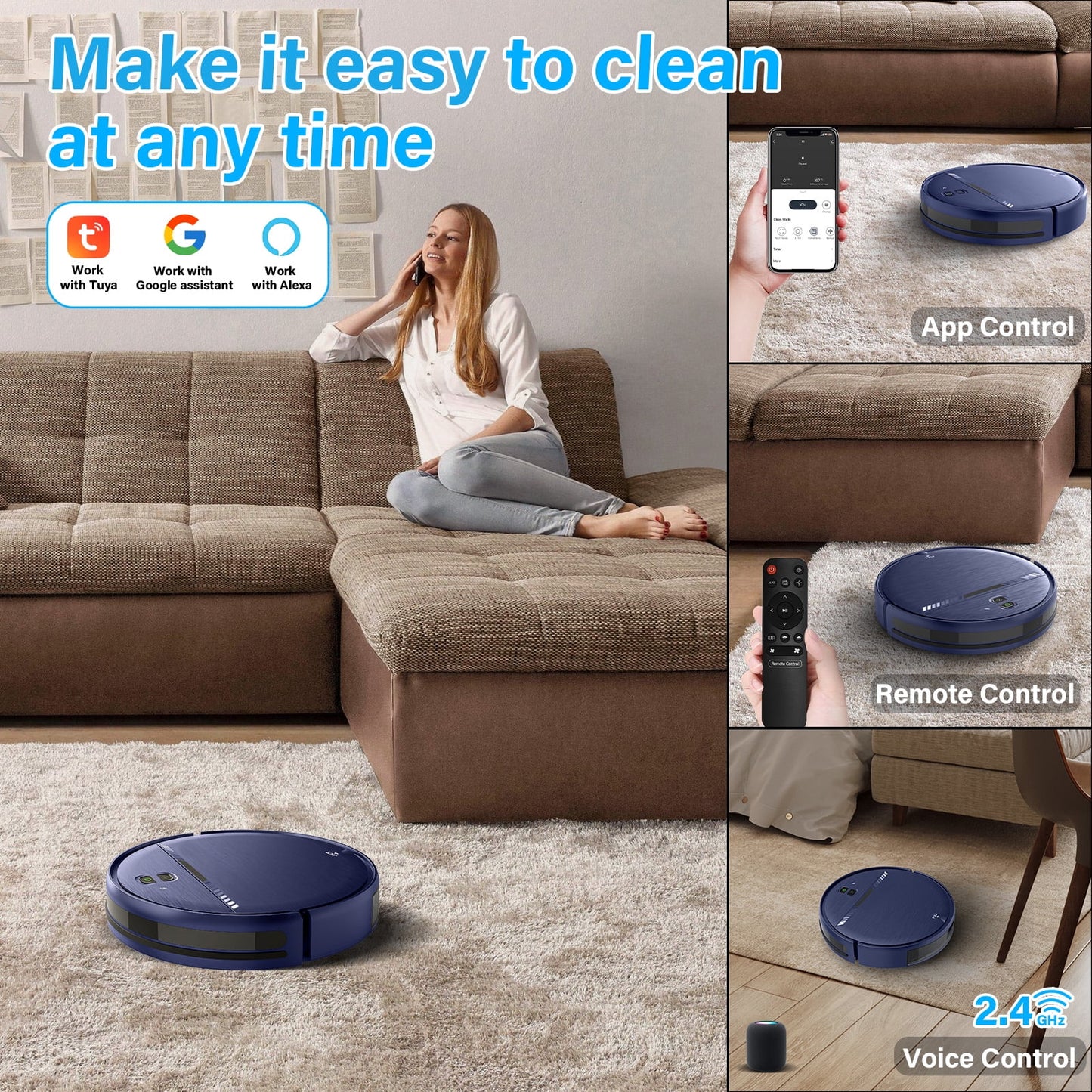 2-in-1 Robot Vacuum and Mop Combo for Pet Hair and Hard Floors