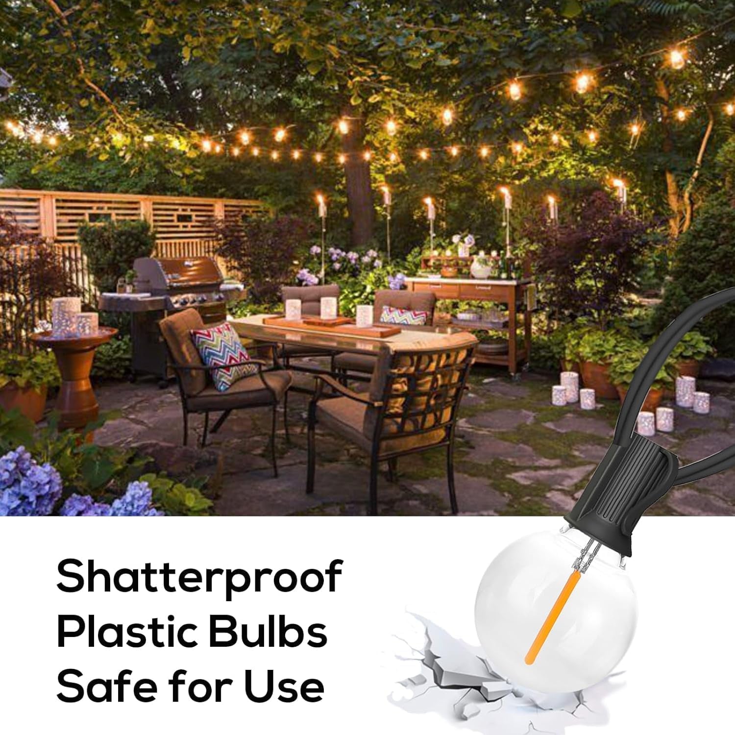 29FT Waterproof Outdoor Globe String Lights with 15 Dimmable Shatterproof Bulbs for Patio, Porch, and Cafe Use, E12 Socket Base