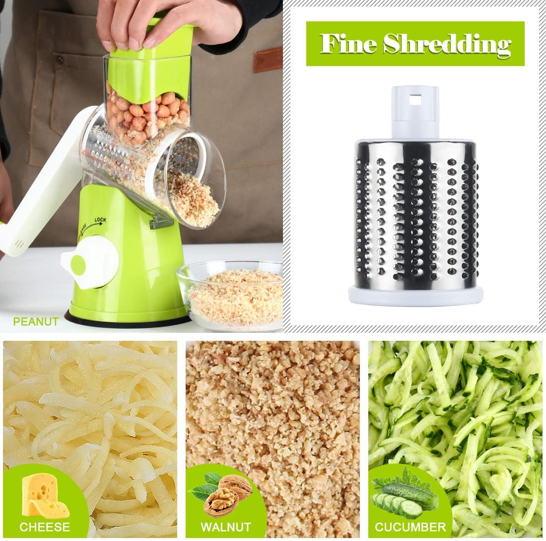 Hand Crank Rotary Cheese Grater and Kitchen Shredder with Three Drum Blades for Cheese, Vegetables, Nuts, and More - Green