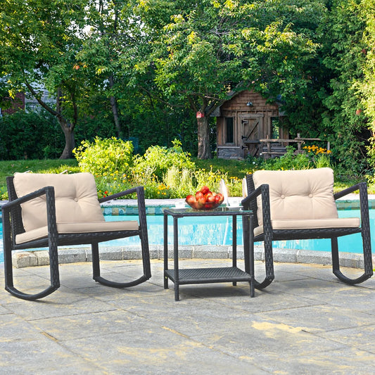 Elegant 3-Piece Rattan Rocking Chair & Table Set with Cushions – Perfect for Your Patio!