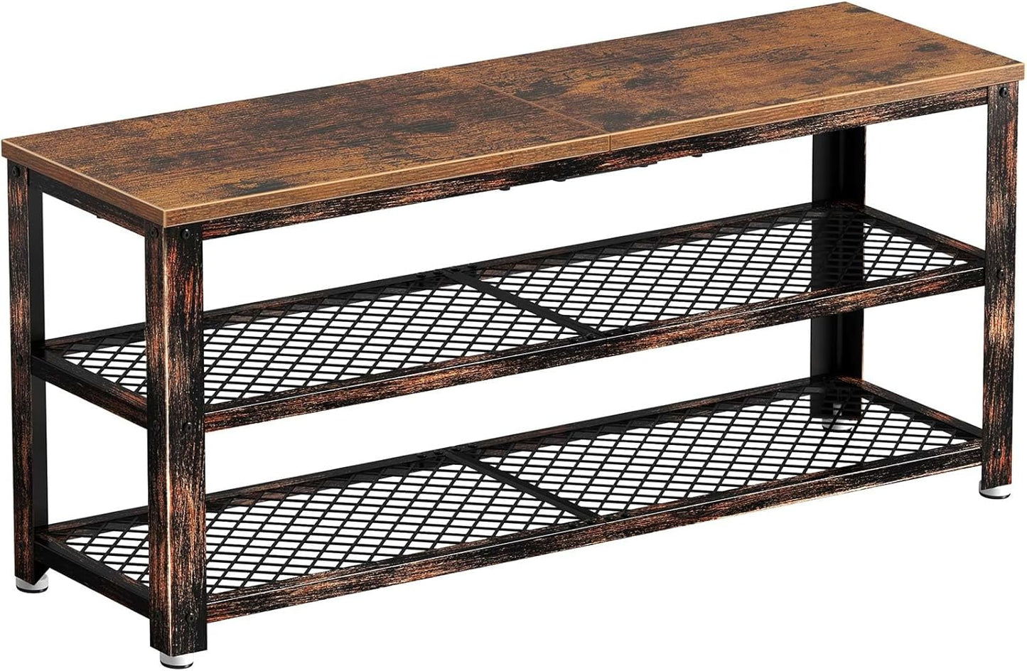 Elegant 3-Tier Rustic Shoe Bench with Mesh Shelves and Wooden Seat - Versatile Entryway Storage for Hallway, Living Room, and Mudroom - Durable Steel Frame in Rustic Brown