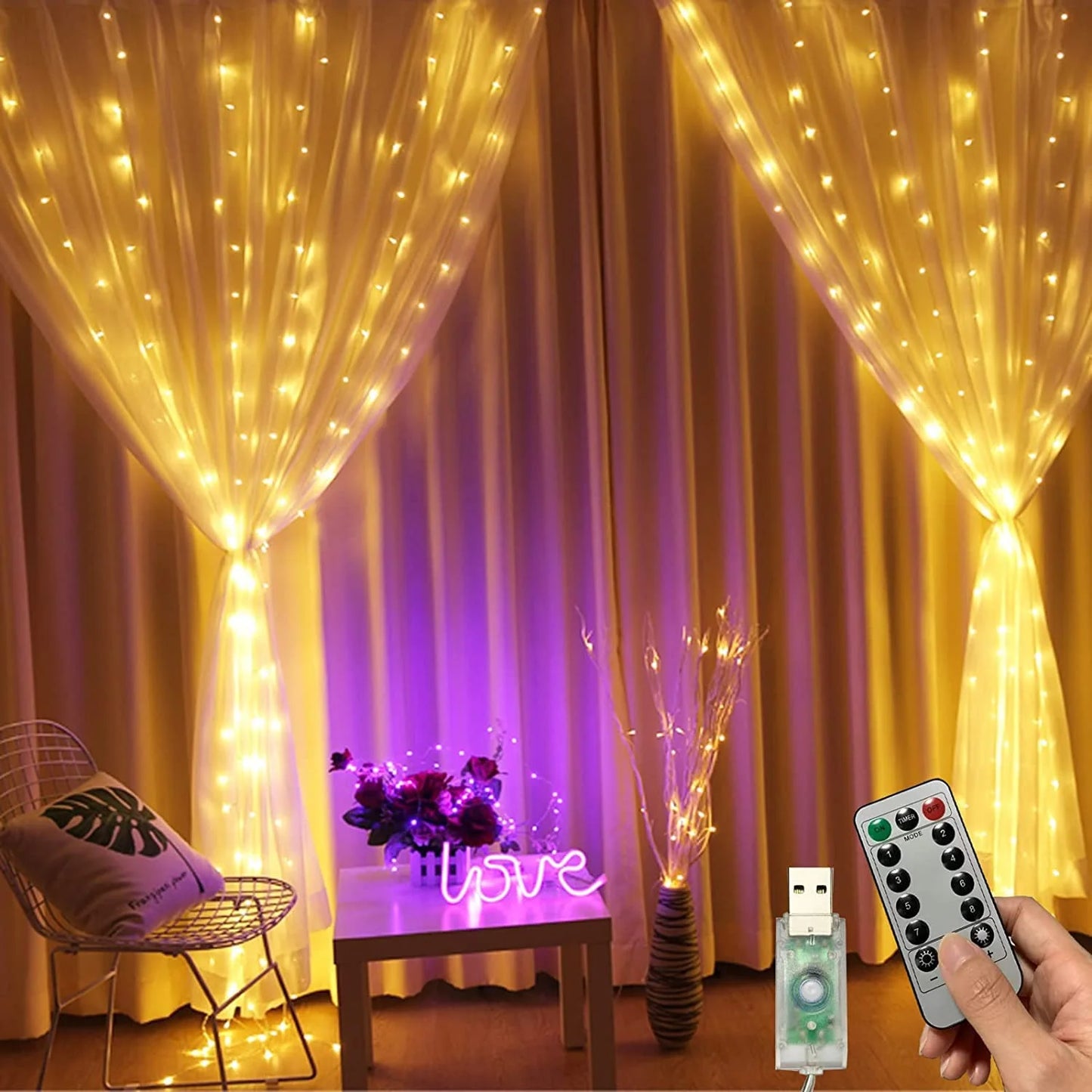 7.9Ft x 5.9Ft Fairy Lights Curtain with 144 LED - USB Powered Waterproof String Lights with Remote Control, 8 Modes for Indoor/Outdoor Window and Wall Decor (White)