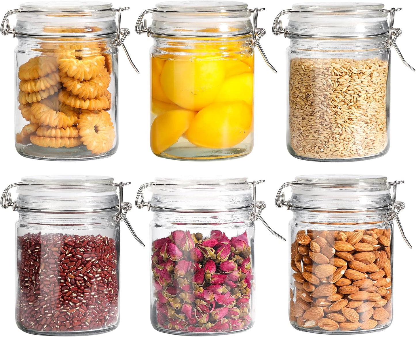 Set of 6 Airtight 17oz Glass Storage Canisters with Lids - Round Food Storage Jars with Clear Preserving Seal and Wire Clip Fastening for Kitchen Storage of Cereal, Pasta, Sugar, Beans, and Spices