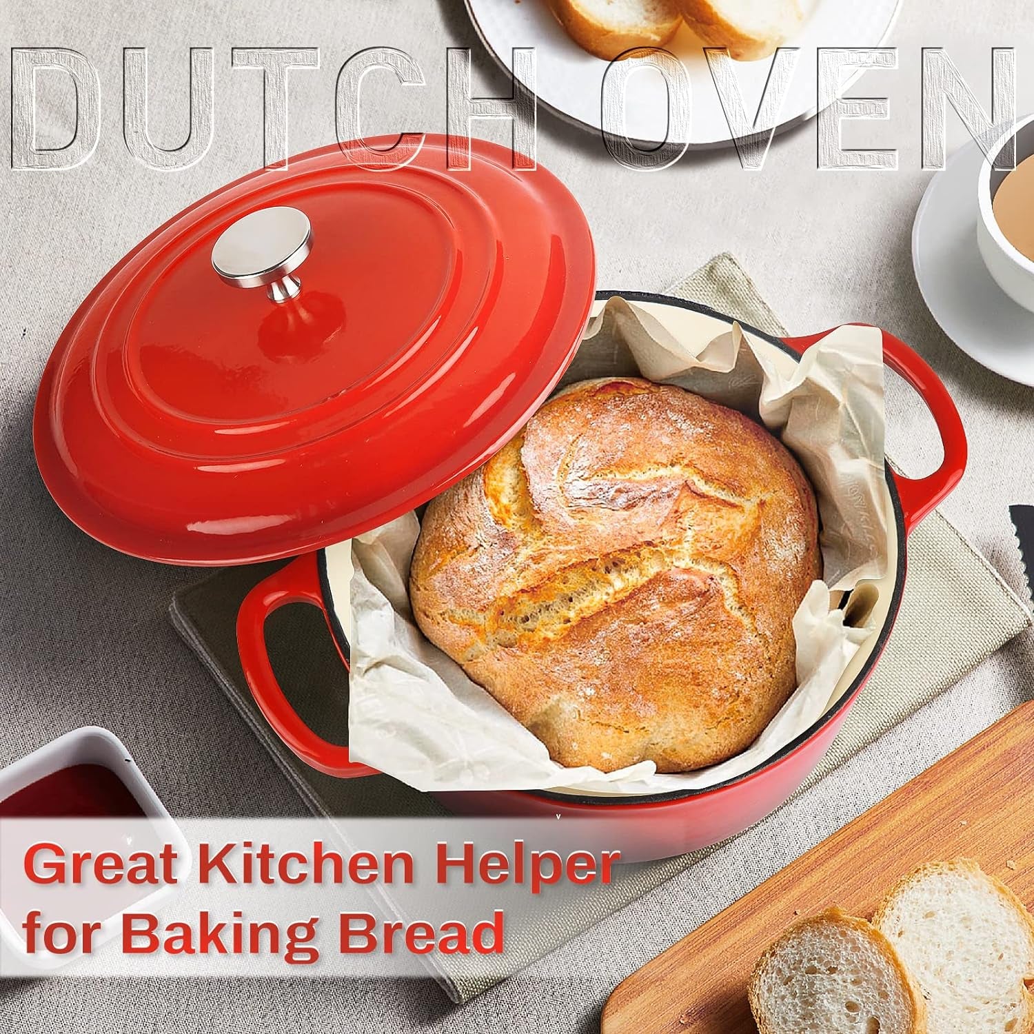 3QT Enamel-Coated Cast Iron Dutch Oven with Loop Handles and Lid in Red